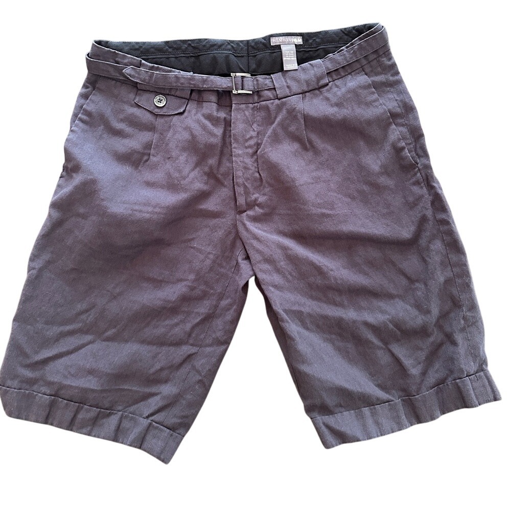 H&M Linen Blend Shorts Mens 34 Black Excellent Regular Fit Belted Cuffed Summer